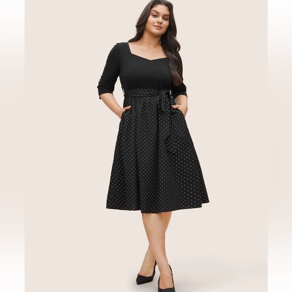 BloomChic Plus Size 2XL Polka Dot Patchwork Belted Square Neck Dress - Picture 7 of 8